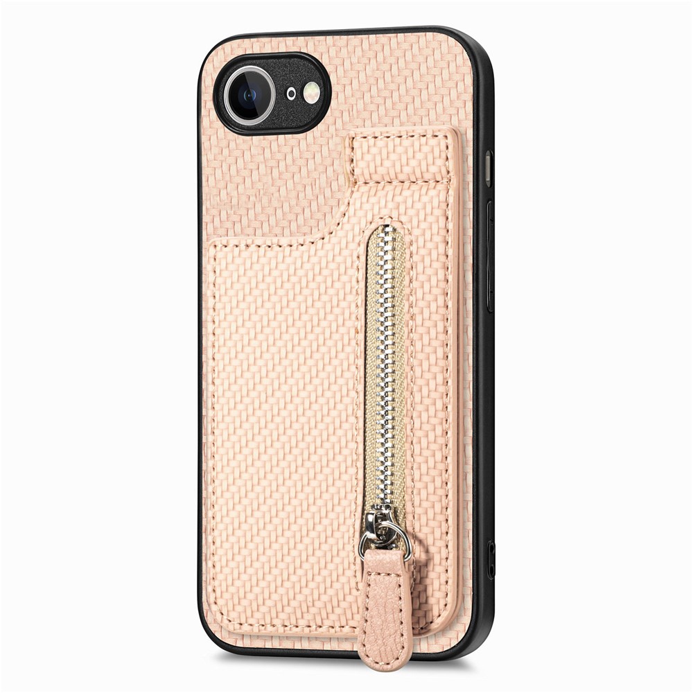 For iPhone 16e Case Leather Phone Back Cover with Zipper Card Holder Kickstand - Apricot