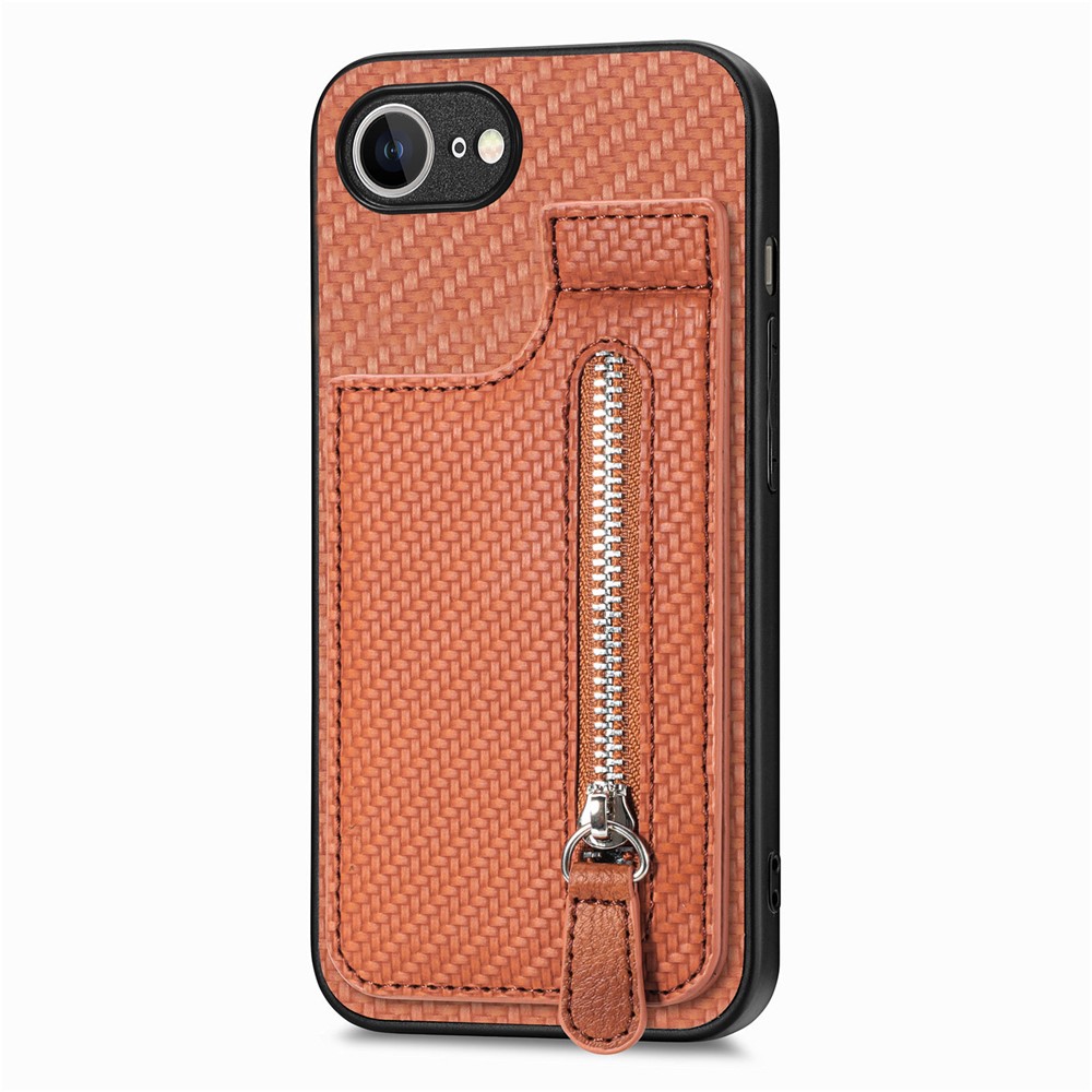 For iPhone 16e Case Leather Phone Back Cover with Zipper Card Holder Kickstand - Brown
