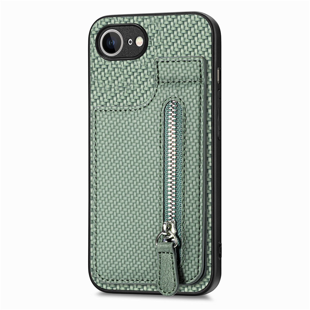For iPhone 16e Case Leather Phone Back Cover with Zipper Card Holder Kickstand - Green