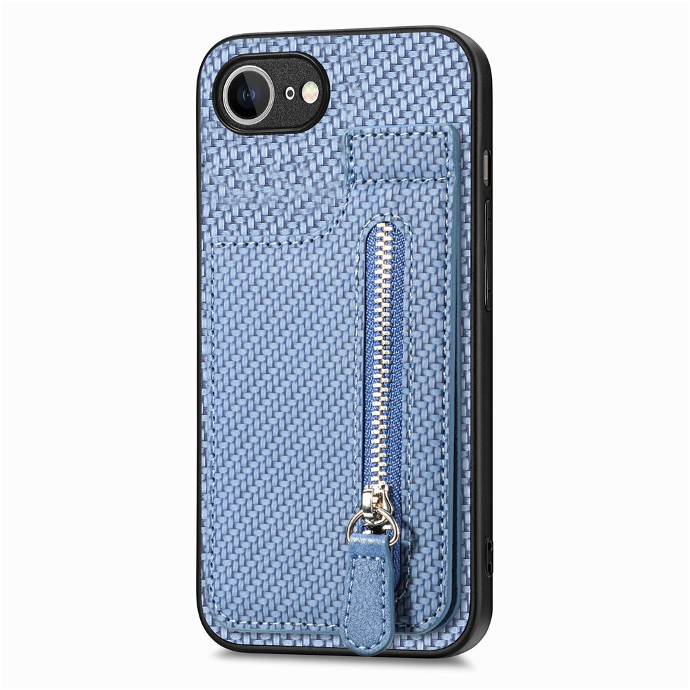 For iPhone 16e Case Leather Phone Back Cover with Zipper Card Holder Kickstand - Blue