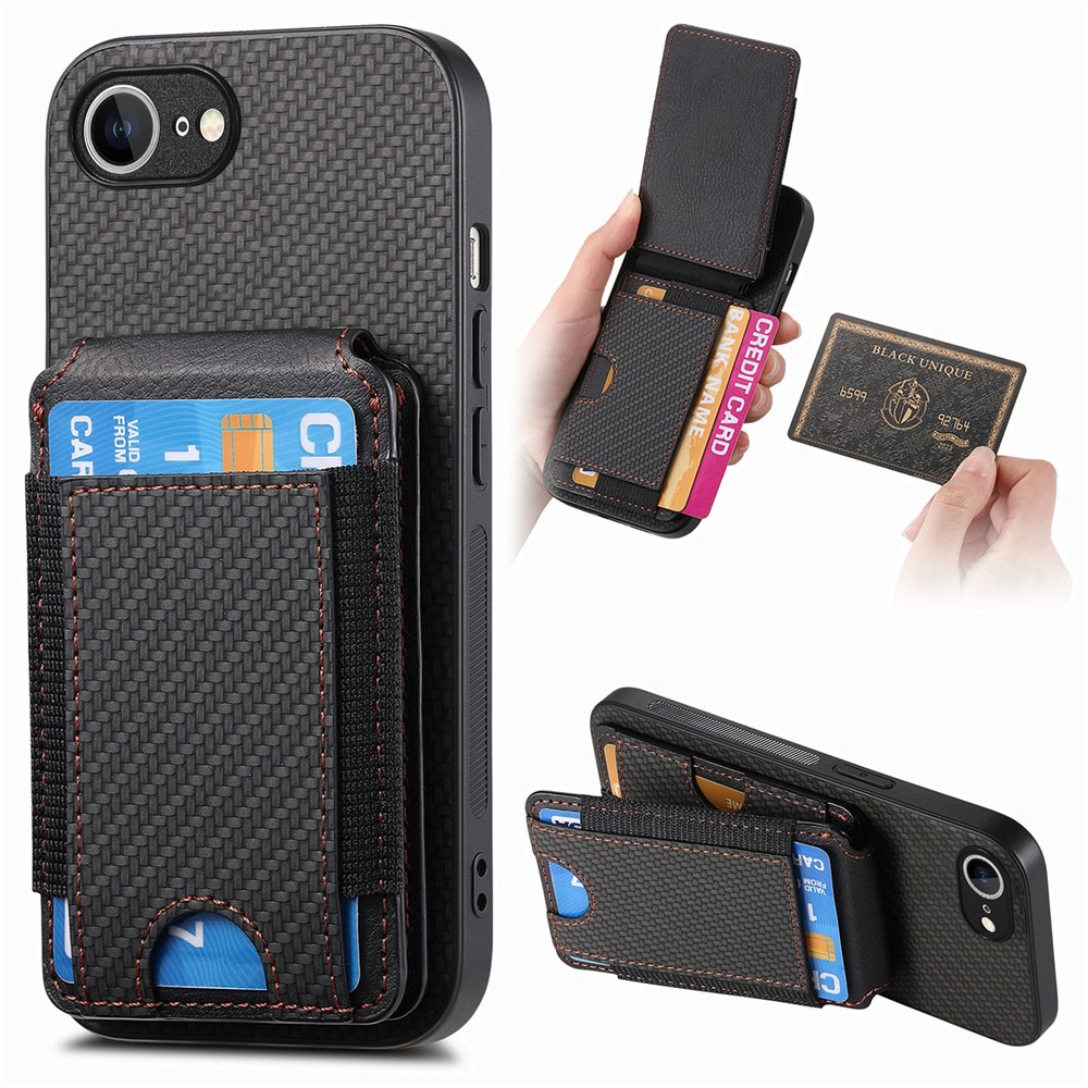 For iPhone 16e Case with Card Holder Kickstand Leather Back Cover - Black