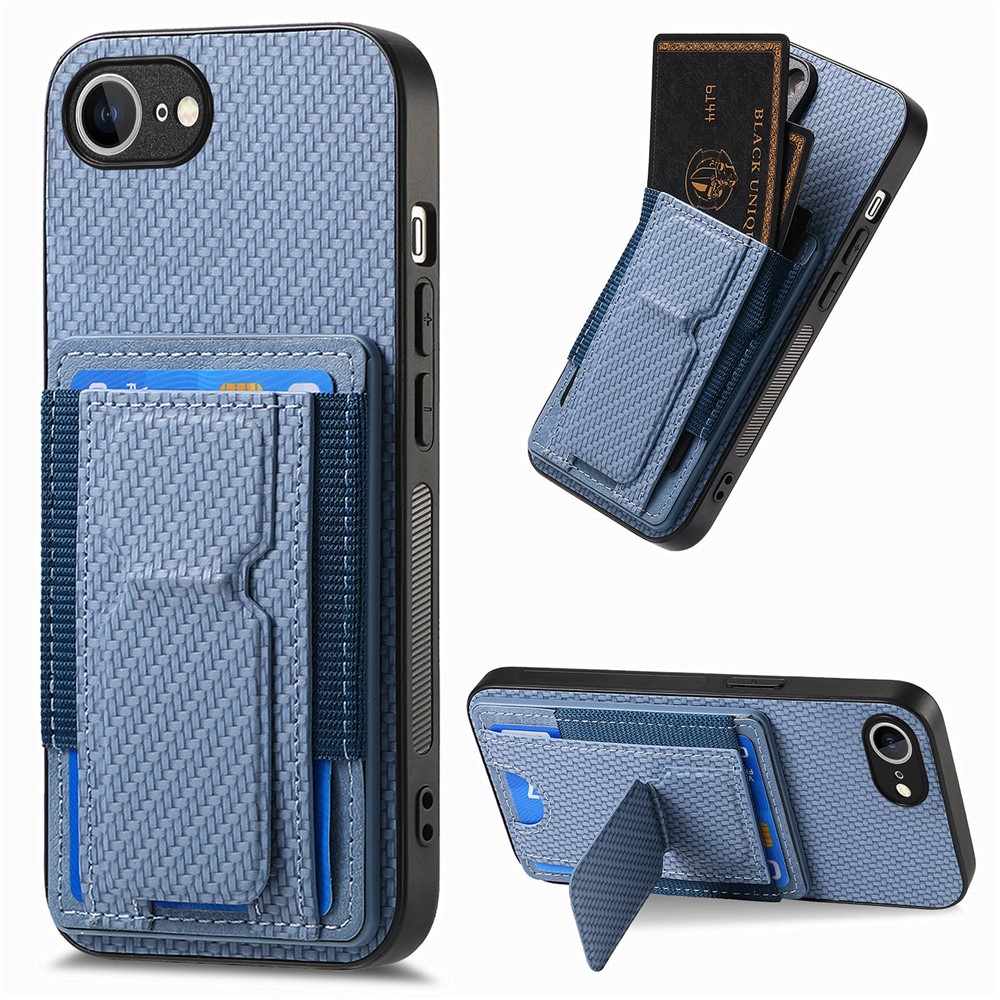 For iPhone 16e Case with Card Holder Kickstand Fiber Pattern Leather Back Cover - Blue