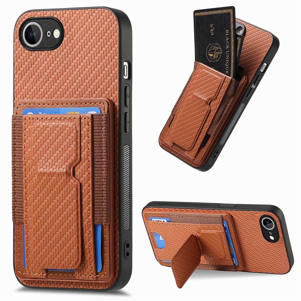 For iPhone 16e Case with Card Holder Kickstand Fiber Pattern Leather Back Cover - Brown