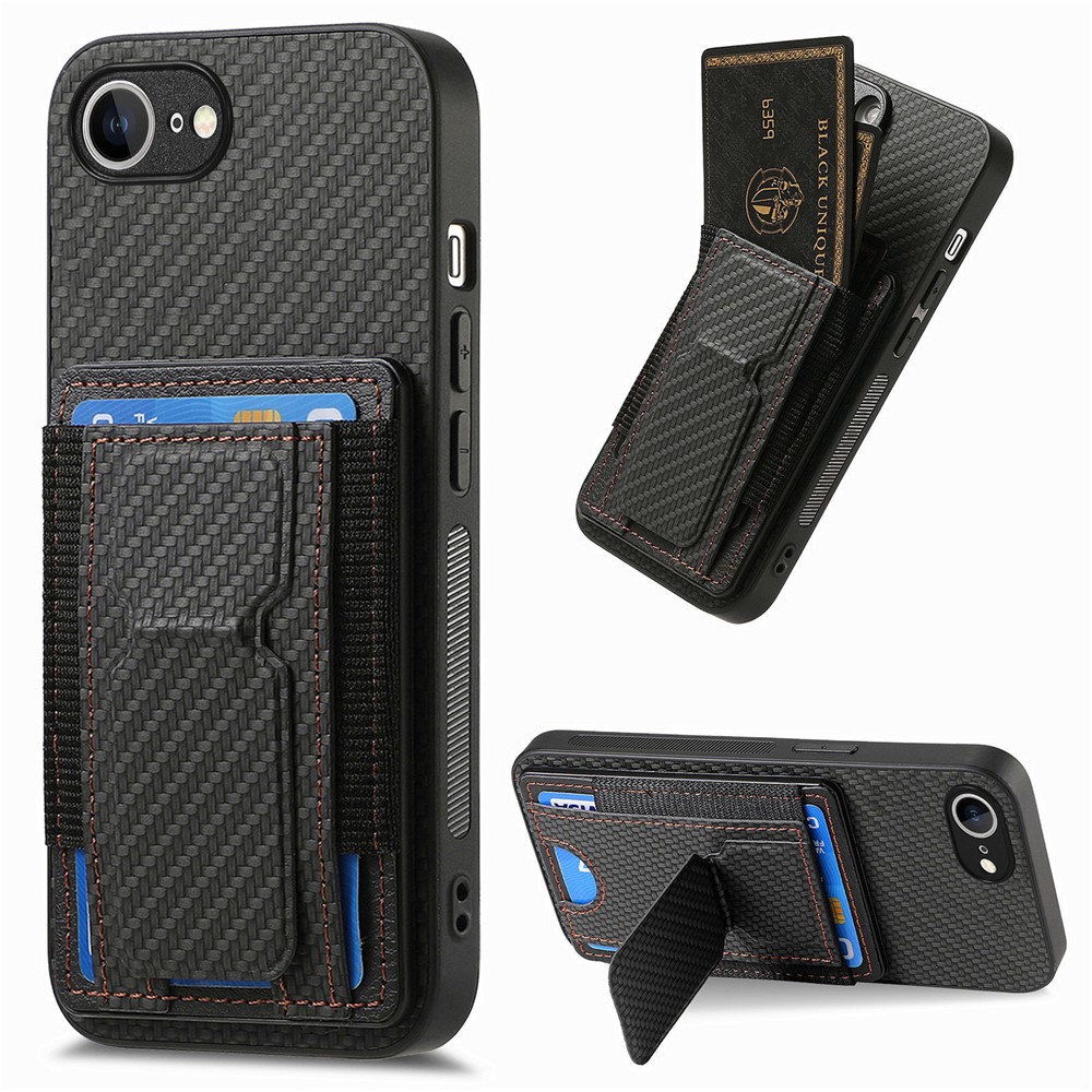 For iPhone 16e Case with Card Holder Kickstand Fiber Pattern Leather Back Cover - Black