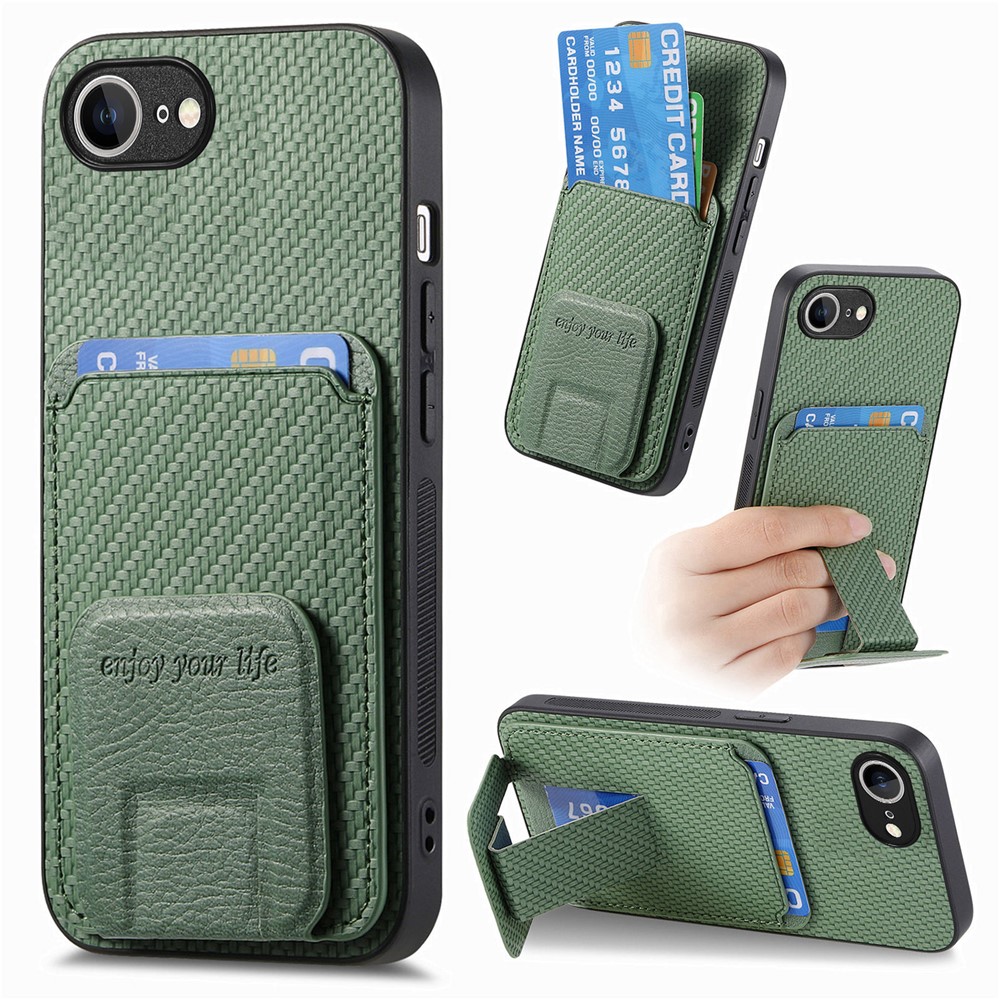 For iPhone 16e Case Card Holder Carbon Fiber Texture Leather Coated TPU Phone Cover - Green