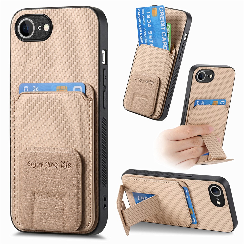 For iPhone 16e Case Card Holder Carbon Fiber Texture Leather Coated TPU Phone Cover - Beige