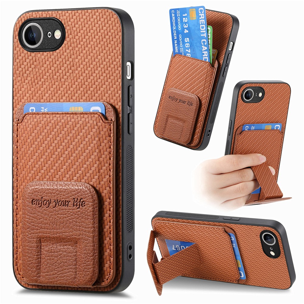 For iPhone 16e Case Card Holder Carbon Fiber Texture Leather Coated TPU Phone Cover - Brown