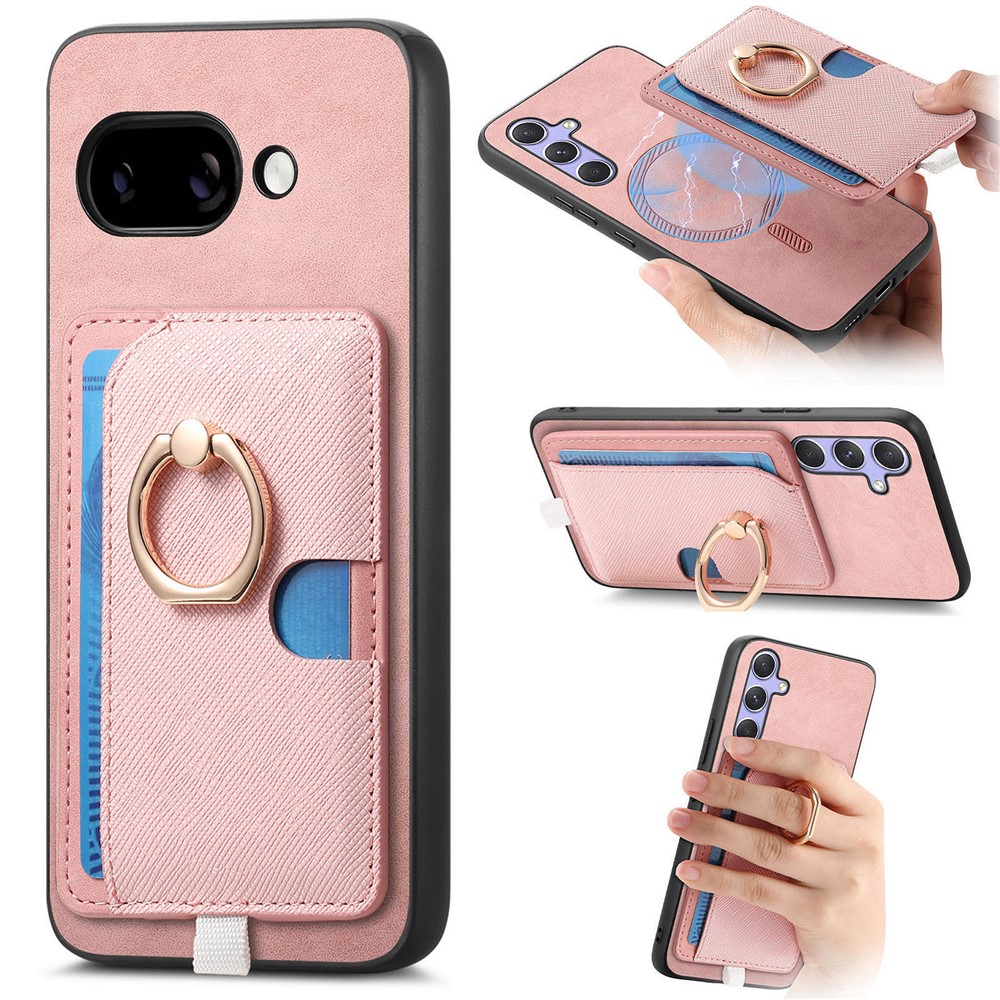 For Google Pixel 9a Case Ring Kickstand Leather + TPU + PC Phone Cover Detachable Card Holder - Pink