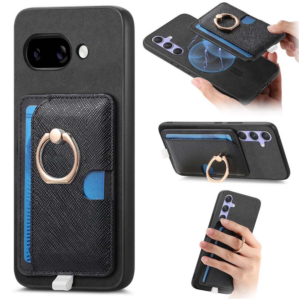 For Google Pixel 9a Case Ring Kickstand Leather + TPU + PC Phone Cover Detachable Card Holder - Black