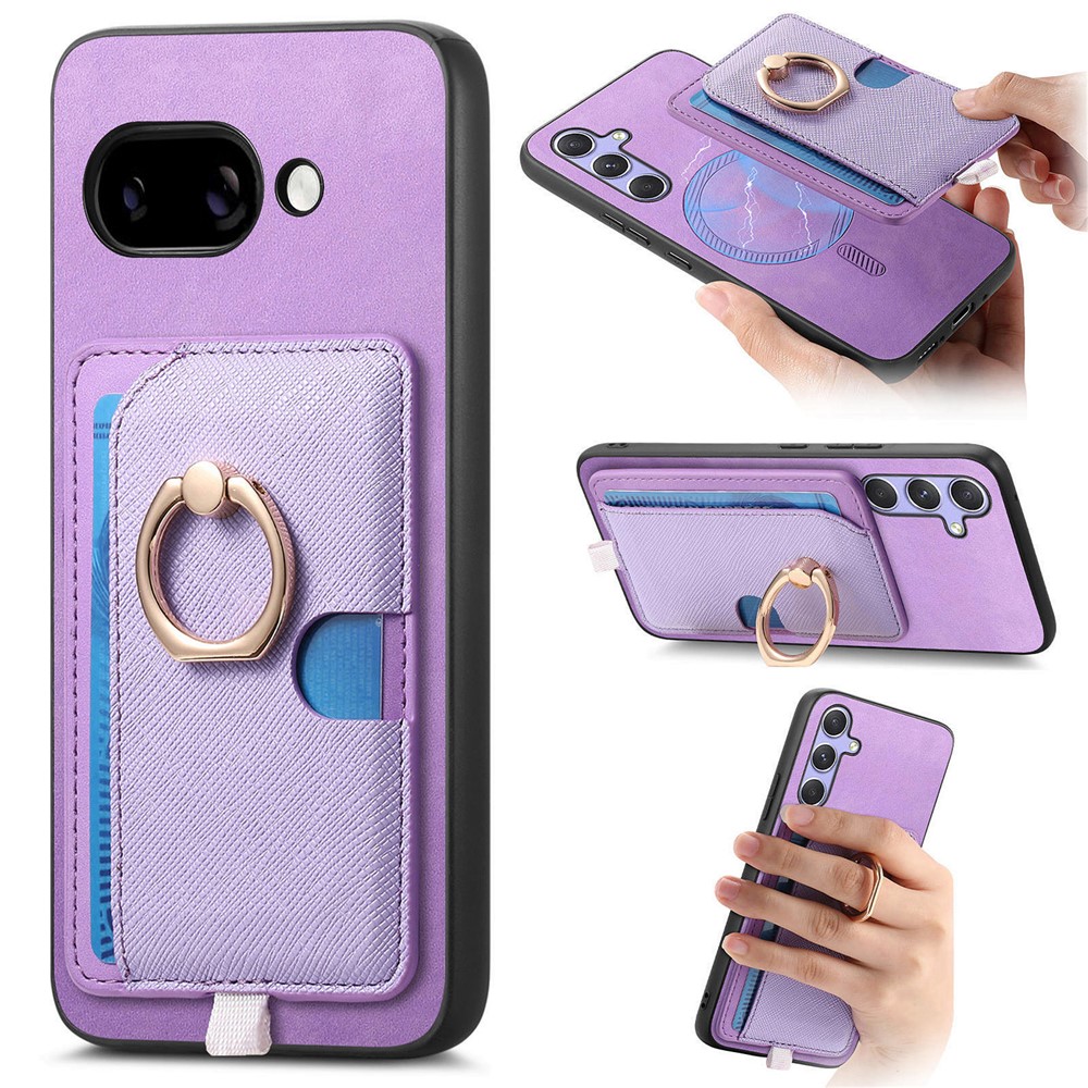 For Google Pixel 9a Case Ring Kickstand Leather + TPU + PC Phone Cover Detachable Card Holder - Purple