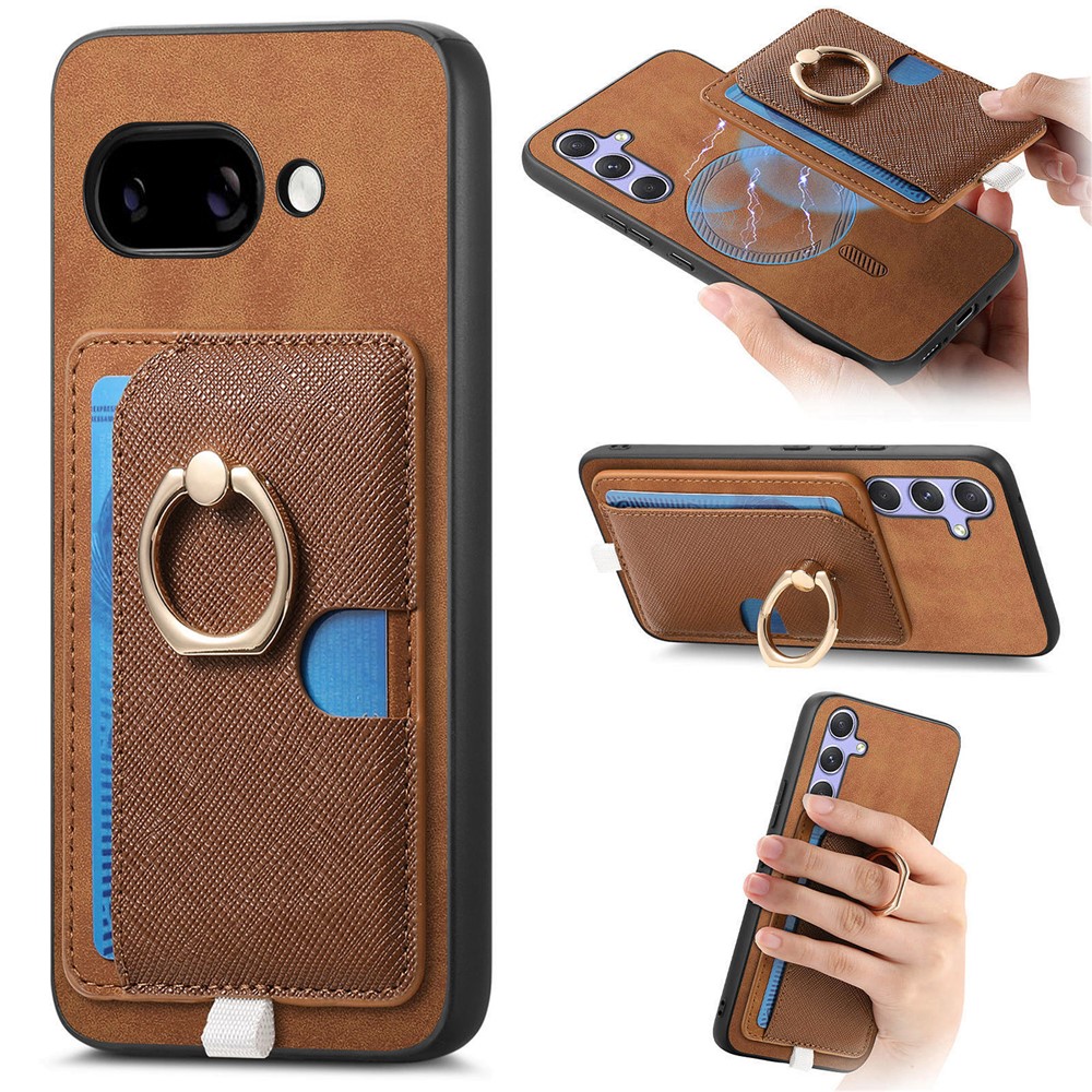 For Google Pixel 9a Case Ring Kickstand Leather + TPU + PC Phone Cover Detachable Card Holder - Brown
