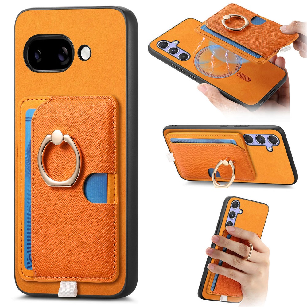 For Google Pixel 9a Case Ring Kickstand Leather + TPU + PC Phone Cover Detachable Card Holder - Orange
