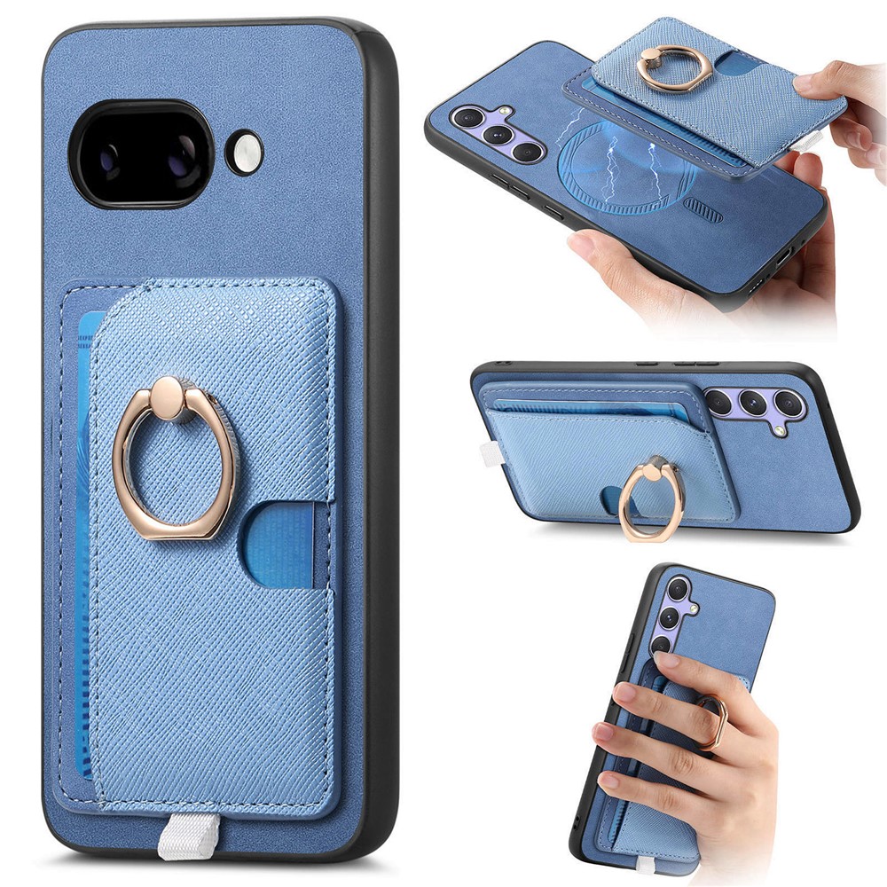 For Google Pixel 9a Case Ring Kickstand Leather + TPU + PC Phone Cover Detachable Card Holder - Blue
