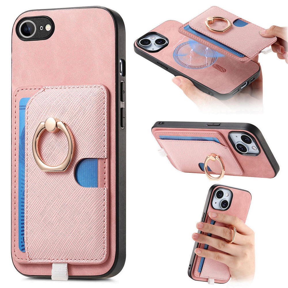 For iPhone 16e Case Ring Kickstand Leather + TPU + PC Phone Cover Detachable Card Holder - Pink