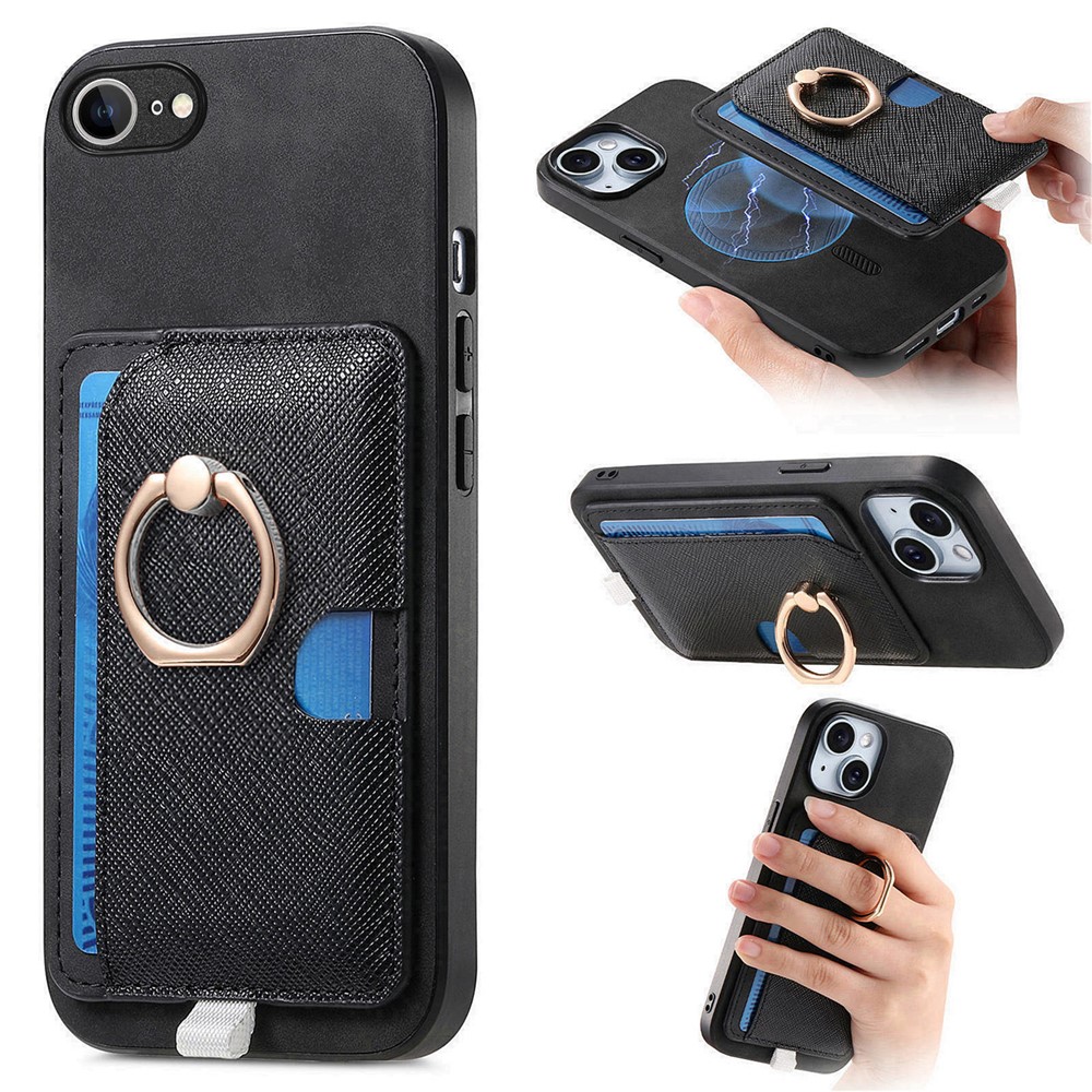 For iPhone 16e Case Ring Kickstand Leather + TPU + PC Phone Cover Detachable Card Holder - Black