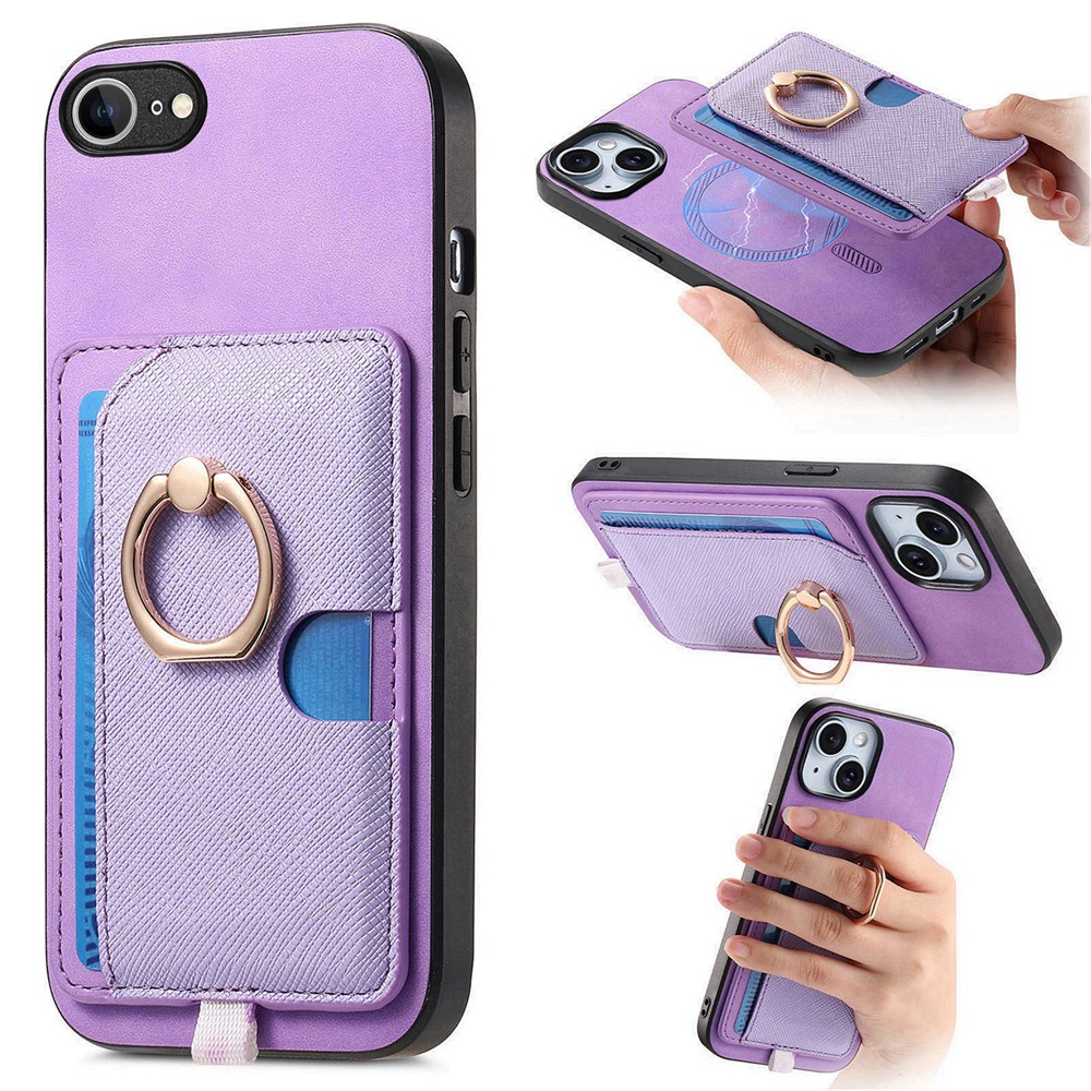 For iPhone 16e Case Ring Kickstand Leather + TPU + PC Phone Cover Detachable Card Holder - Purple