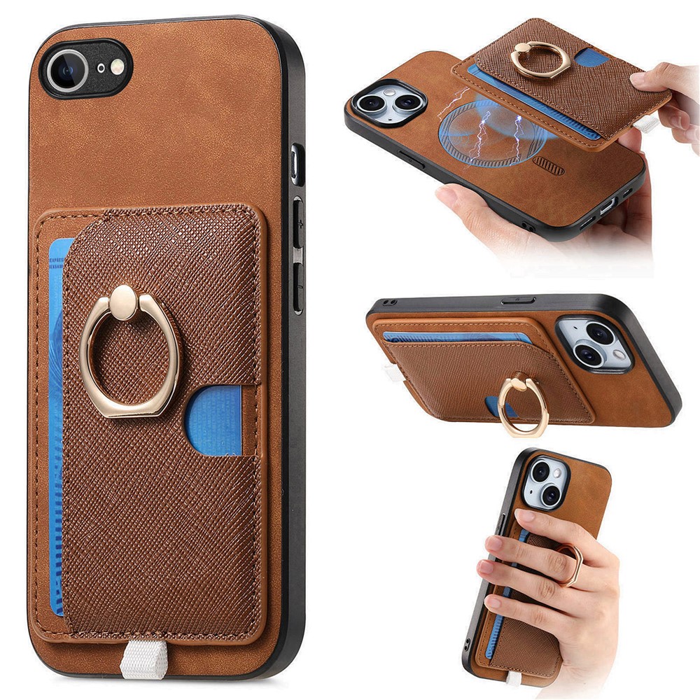 For iPhone 16e Case Ring Kickstand Leather + TPU + PC Phone Cover Detachable Card Holder - Brown