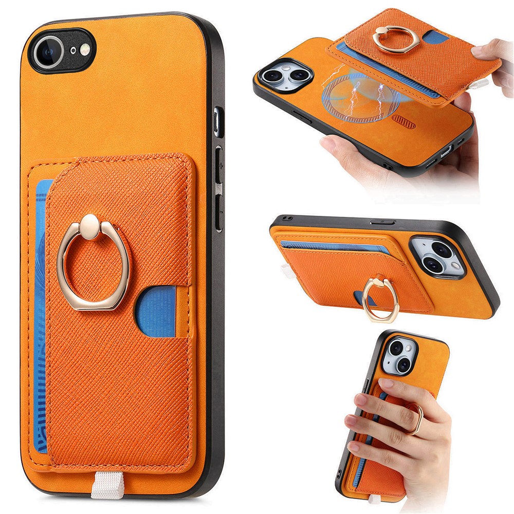 For iPhone 16e Case Ring Kickstand Leather + TPU + PC Phone Cover Detachable Card Holder - Orange