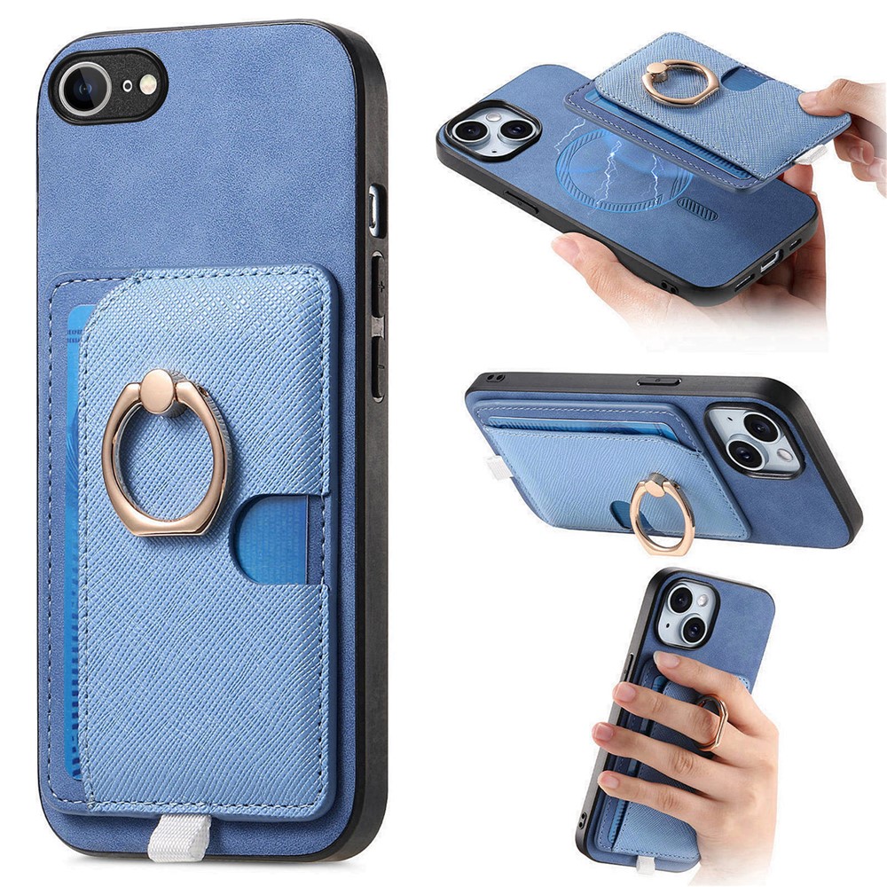 For iPhone 16e Case Ring Kickstand Leather + TPU + PC Phone Cover Detachable Card Holder - Blue