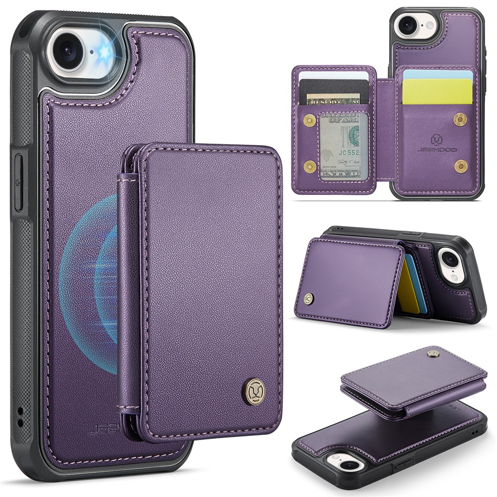 For iPhone 16e Case JEEHOOD J05 Leather Mobile Cover with Detachable Magnetic Card Bag - Purple