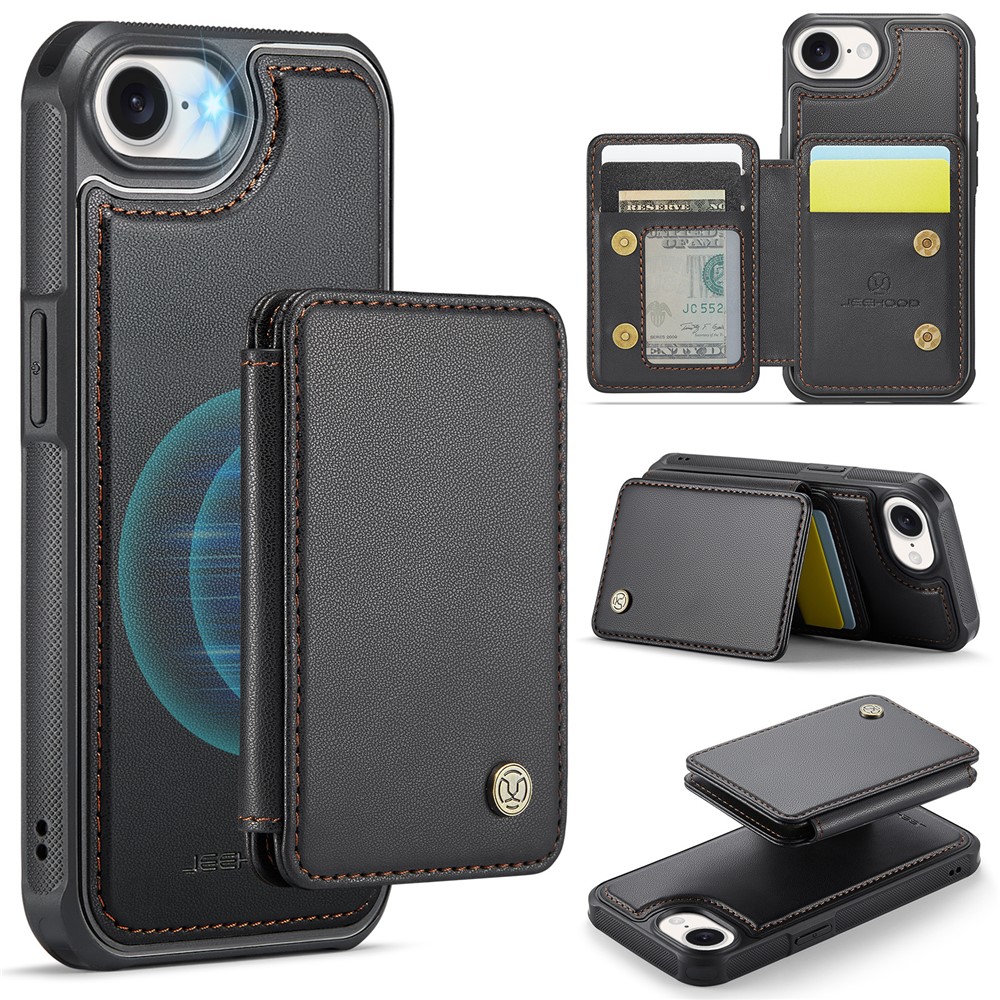 For iPhone 16e Case JEEHOOD J05 Leather Mobile Cover with Detachable Magnetic Card Bag - Black