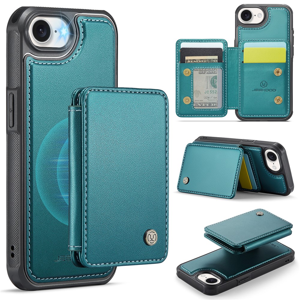For iPhone 16e Case JEEHOOD J05 Leather Mobile Cover with Detachable Magnetic Card Bag - Blue