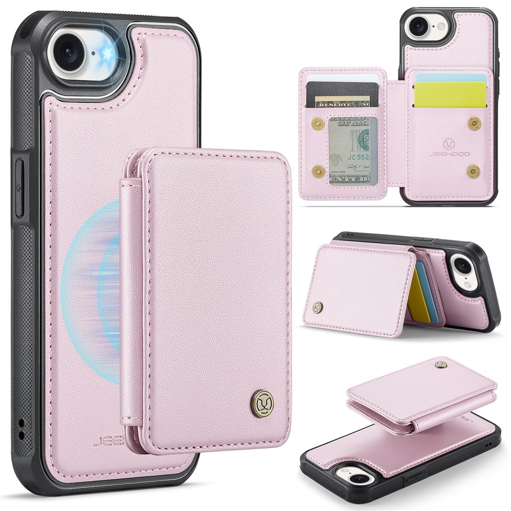 For iPhone 16e Case JEEHOOD J05 Leather Mobile Cover with Detachable Magnetic Card Bag - Pink