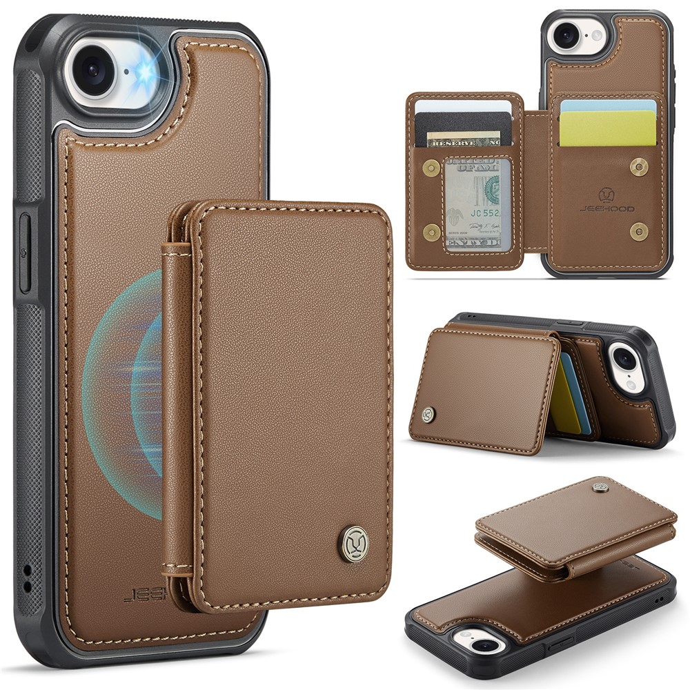 For iPhone 16e Case JEEHOOD J05 Leather Mobile Cover with Detachable Magnetic Card Bag - Brown