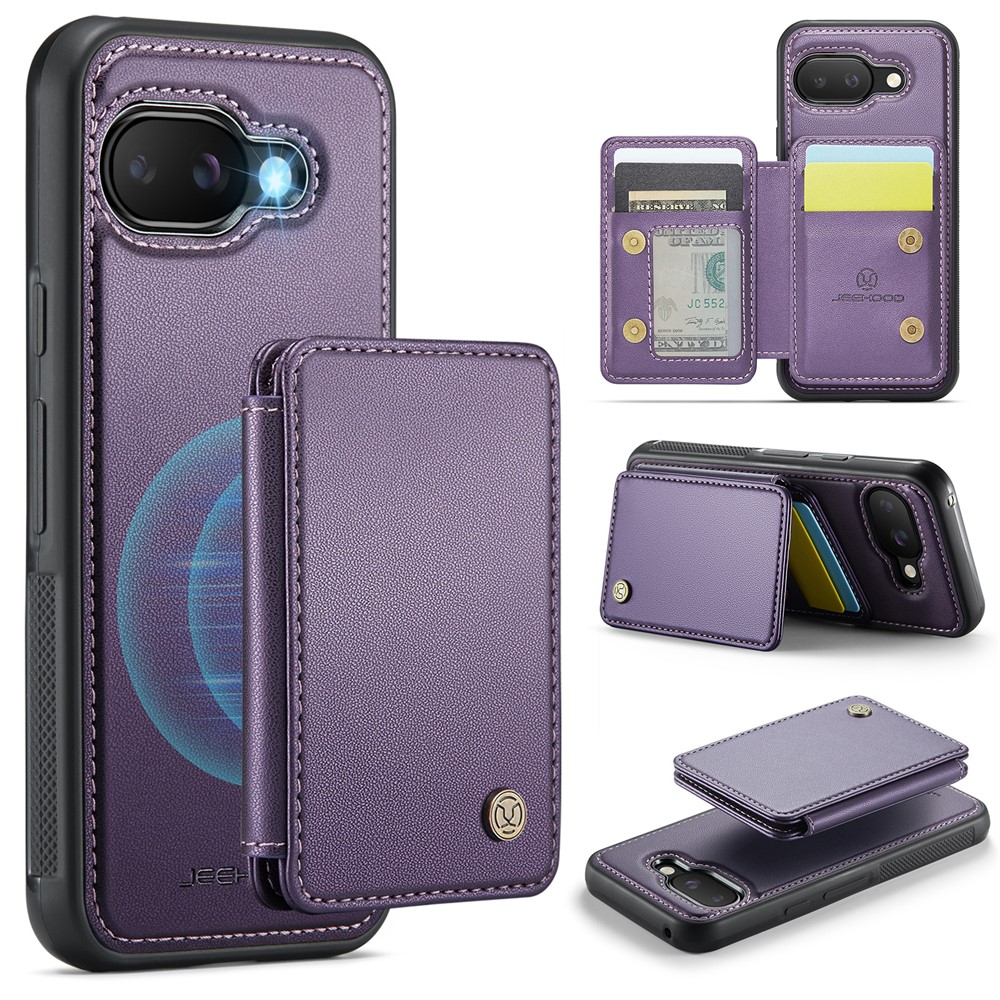For Google Pixel 9a Case JEEHOOD J05 Leather Mobile Cover with Detachable Magnetic Card Bag - Purple