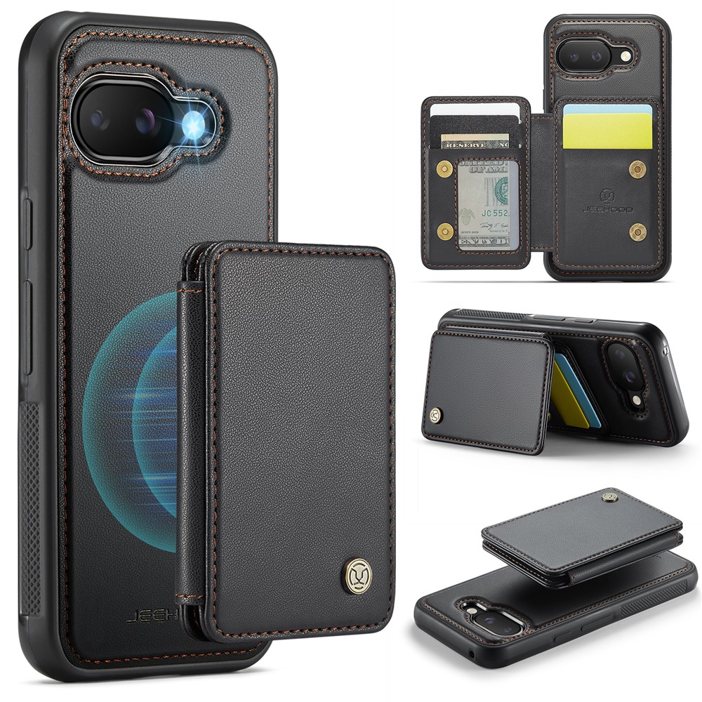 For Google Pixel 9a Case JEEHOOD J05 Leather Mobile Cover with Detachable Magnetic Card Bag - Black