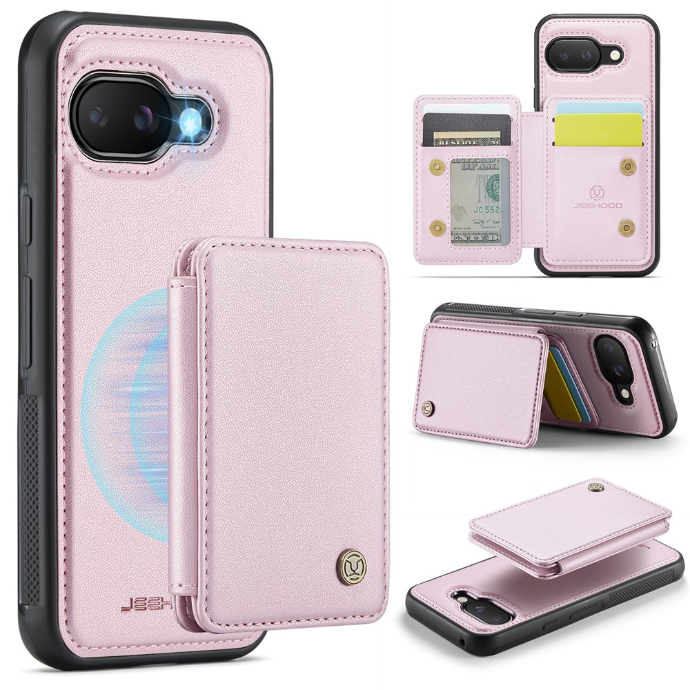 For Google Pixel 9a Case JEEHOOD J05 Leather Mobile Cover with Detachable Magnetic Card Bag - Pink
