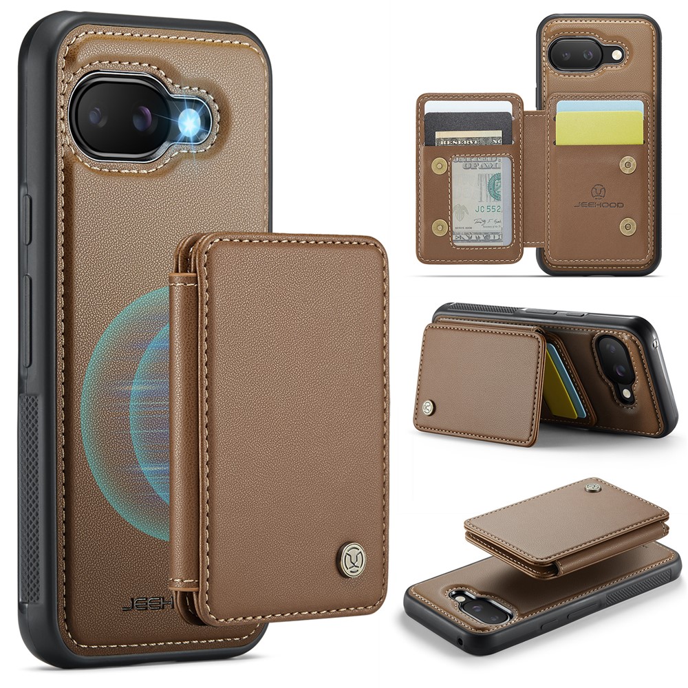 For Google Pixel 9a Case JEEHOOD J05 Leather Mobile Cover with Detachable Magnetic Card Bag - Brown
