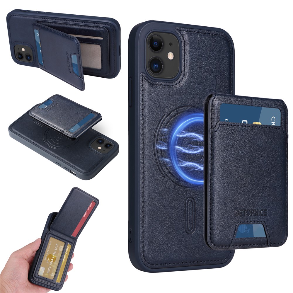 For iPhone 11 Magnetic Case BETOPNICE RFID Blocking Leather Phone Back Cover with Detachable Card Bag - Blue