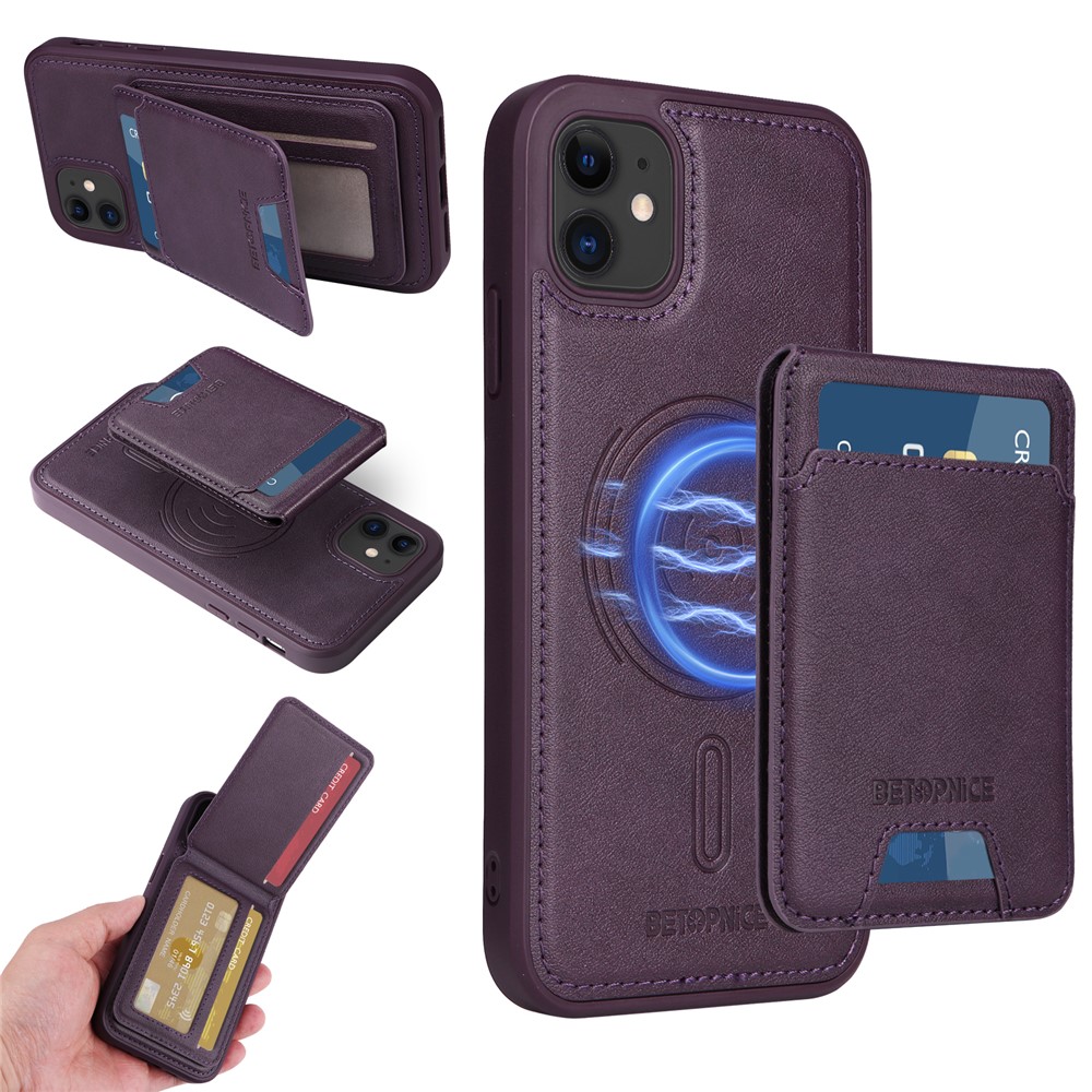 For iPhone 11 Magnetic Case BETOPNICE RFID Blocking Leather Phone Back Cover with Detachable Card Bag - Purple