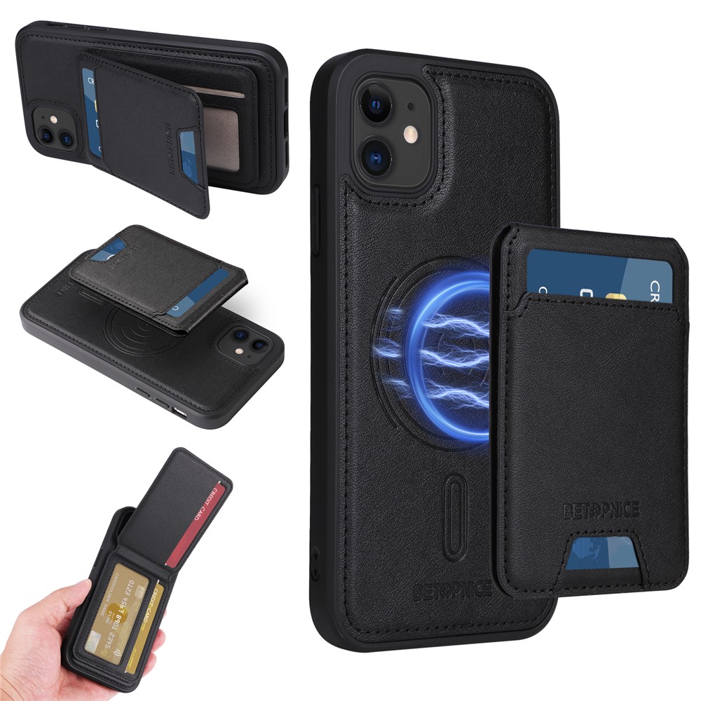 For iPhone 11 Magnetic Case BETOPNICE RFID Blocking Leather Phone Back Cover with Detachable Card Bag - Black
