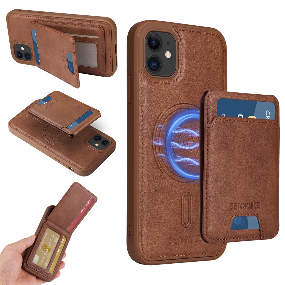 For iPhone 11 Magnetic Case BETOPNICE RFID Blocking Leather Phone Back Cover with Detachable Card Bag - Brown