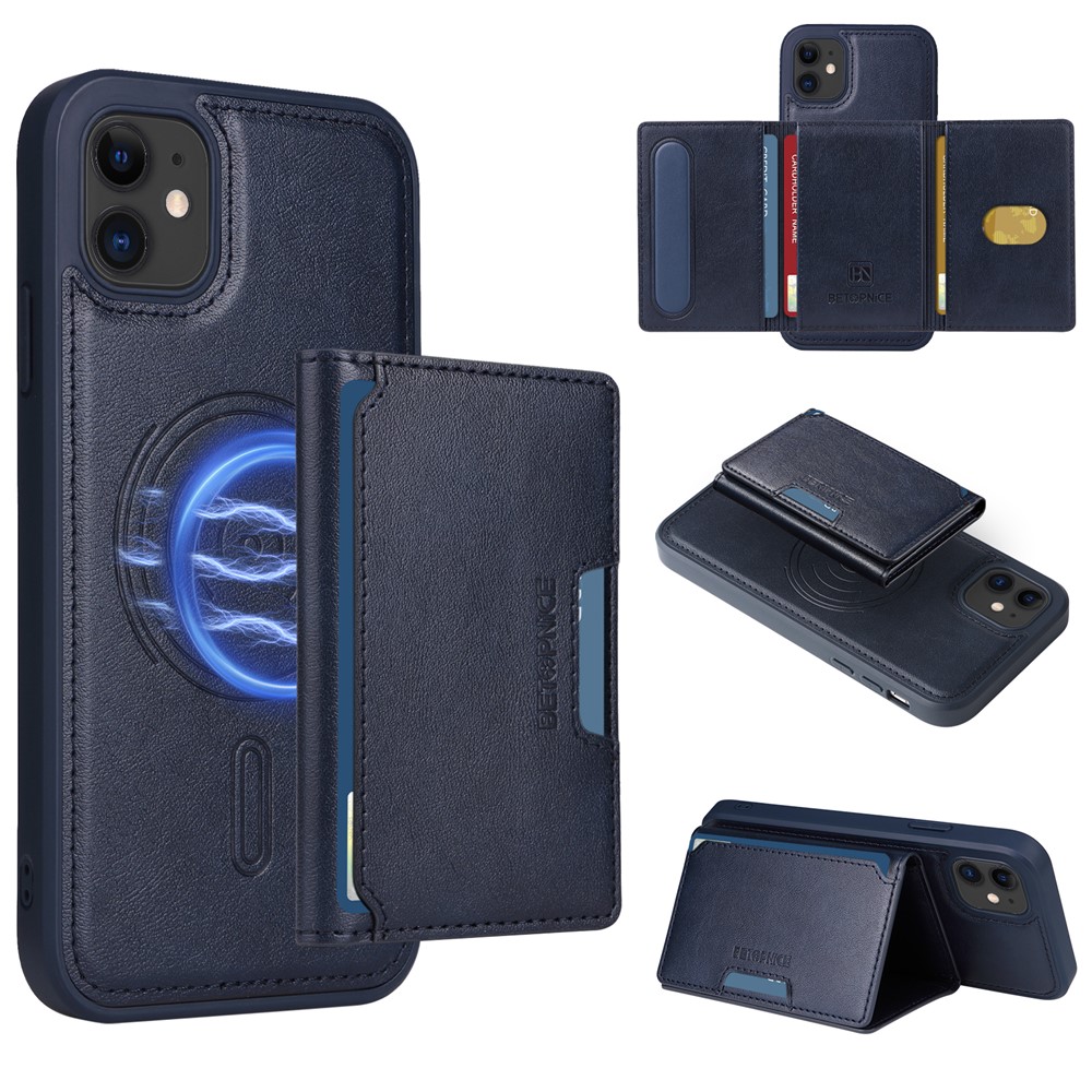 For iPhone 11 Magnetic Case BETOPNICE Leather Phone Cover Kickstand with Detachable Card Bag - Blue
