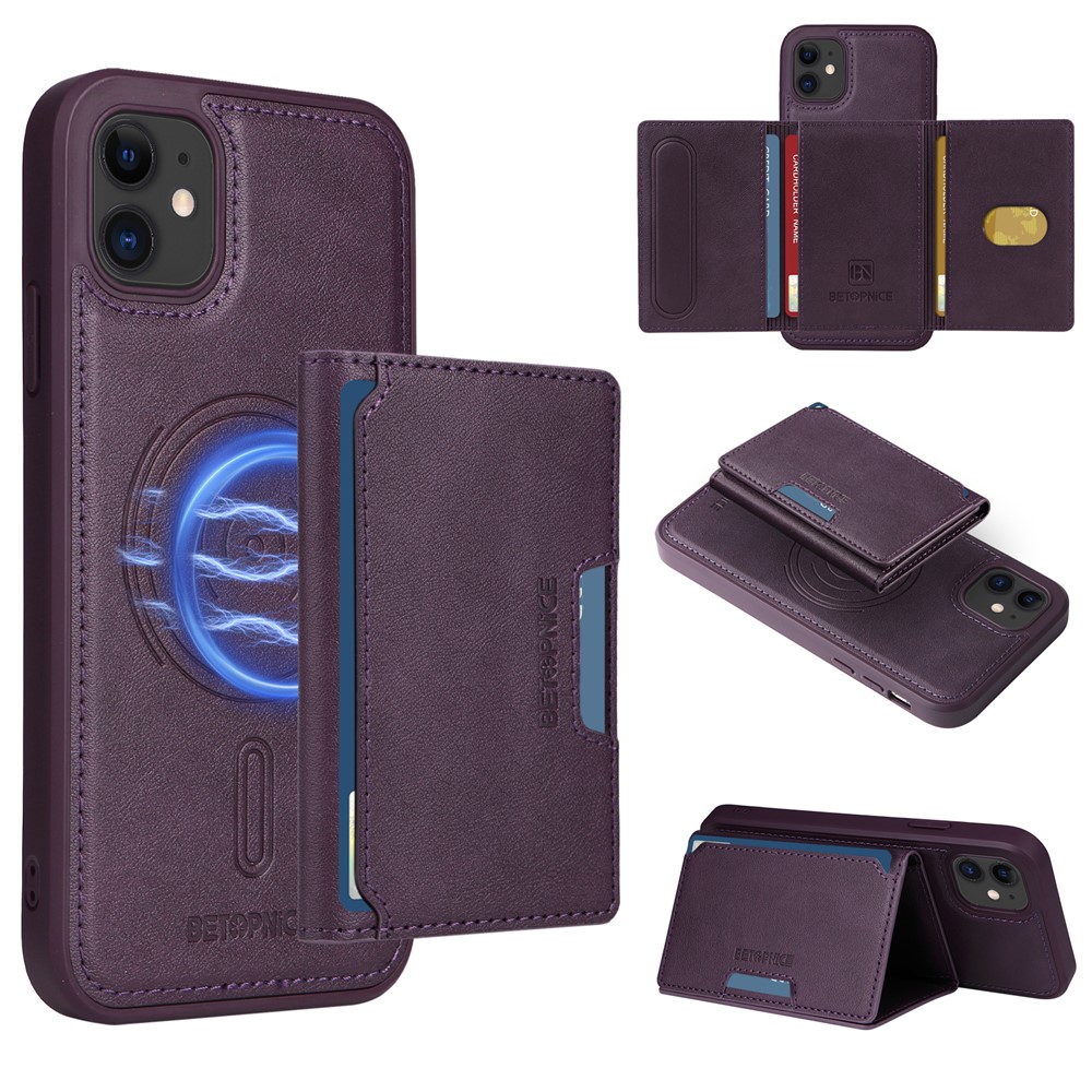 For iPhone 11 Magnetic Case BETOPNICE Leather Phone Cover Kickstand with Detachable Card Bag - Purple
