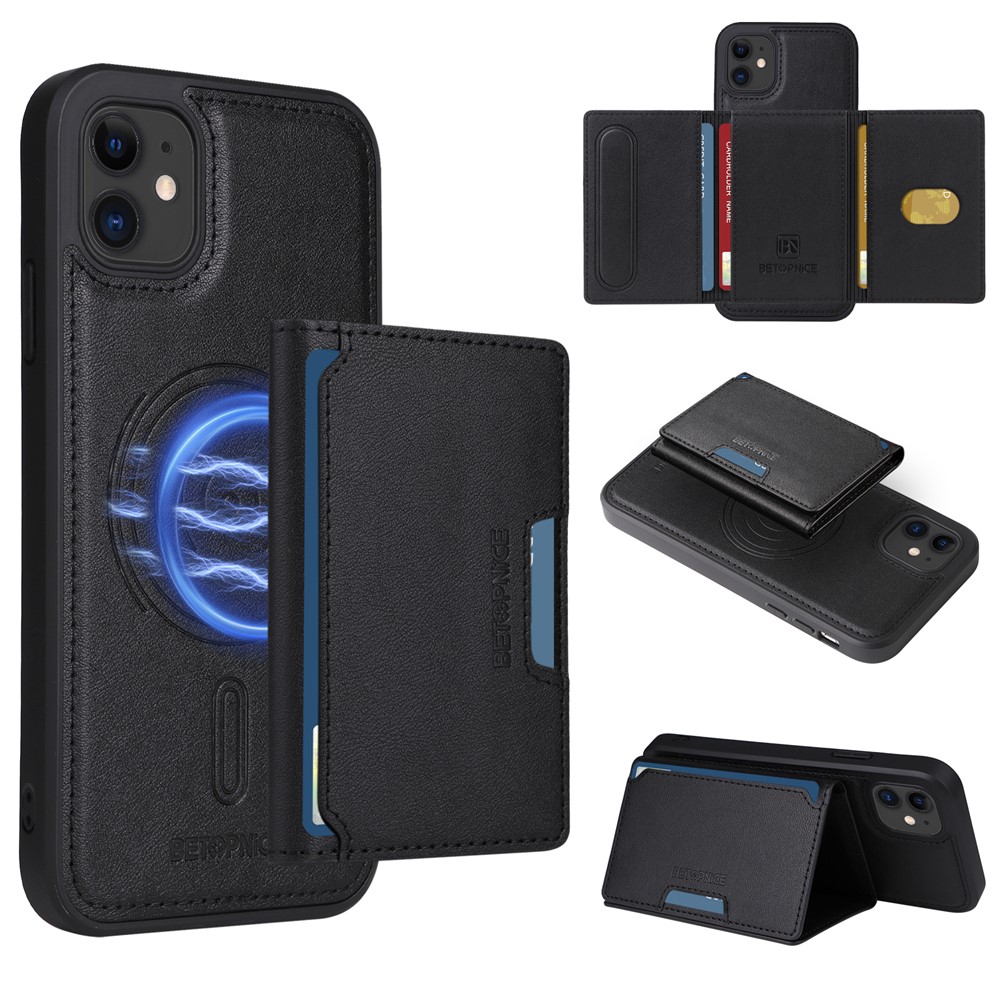 For iPhone 11 Magnetic Case BETOPNICE Leather Phone Cover Kickstand with Detachable Card Bag - Black
