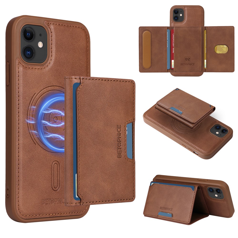 For iPhone 11 Magnetic Case BETOPNICE Leather Phone Cover Kickstand with Detachable Card Bag - Brown