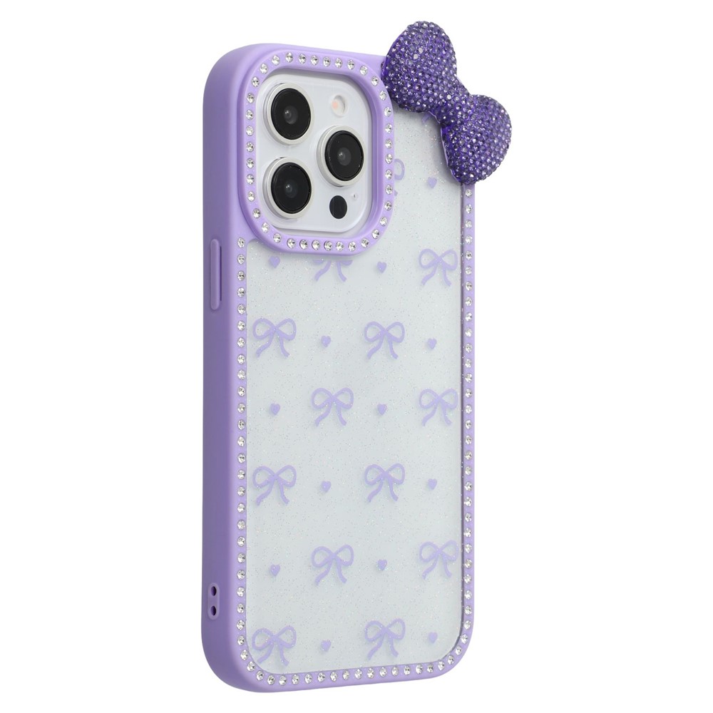 For iPhone 15 Pro Max Case Epoxy Design TPU + PC Phone Back Cover with Bow, Rhinestone Decor - Purple