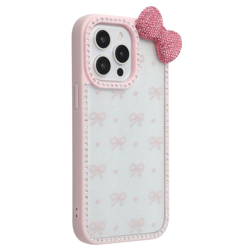 For iPhone 15 Pro Max Case Epoxy Design TPU + PC Phone Back Cover with Bow, Rhinestone Decor - Pink