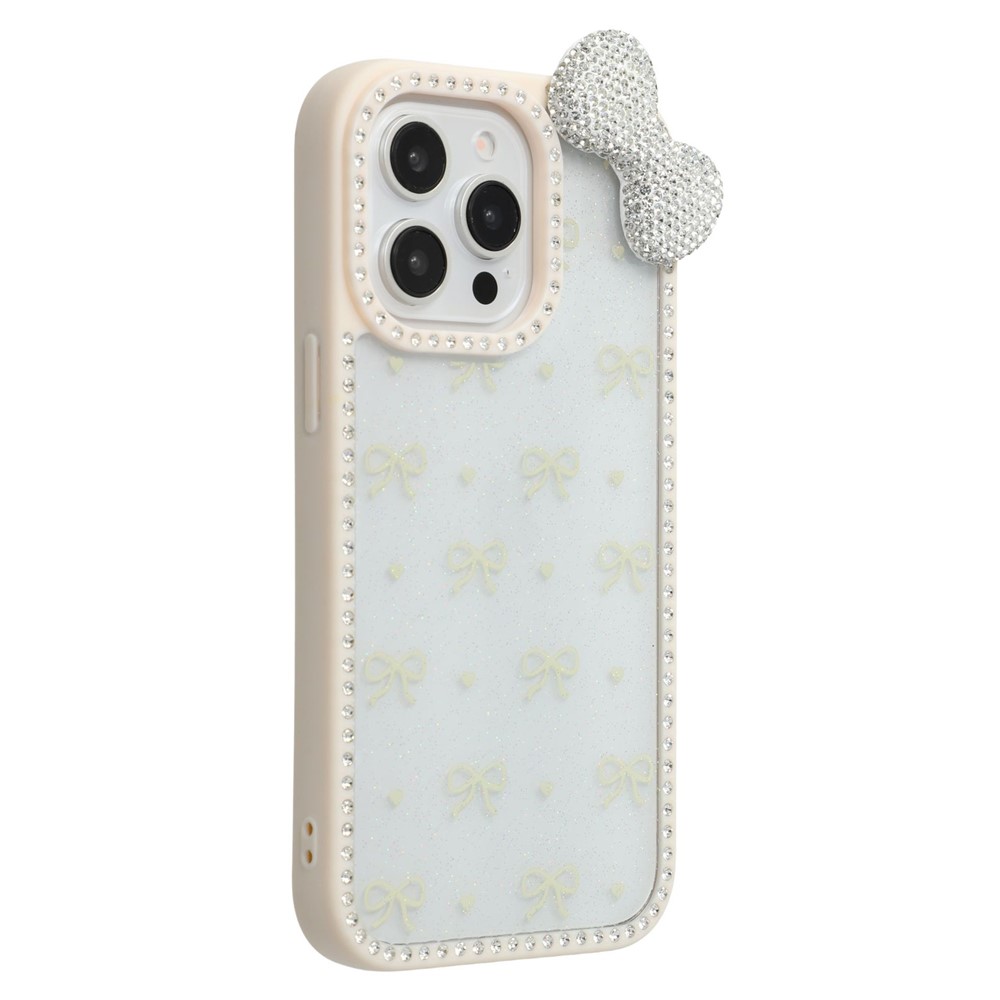 For iPhone 15 Pro Max Case Epoxy Design TPU + PC Phone Back Cover with Bow, Rhinestone Decor - White