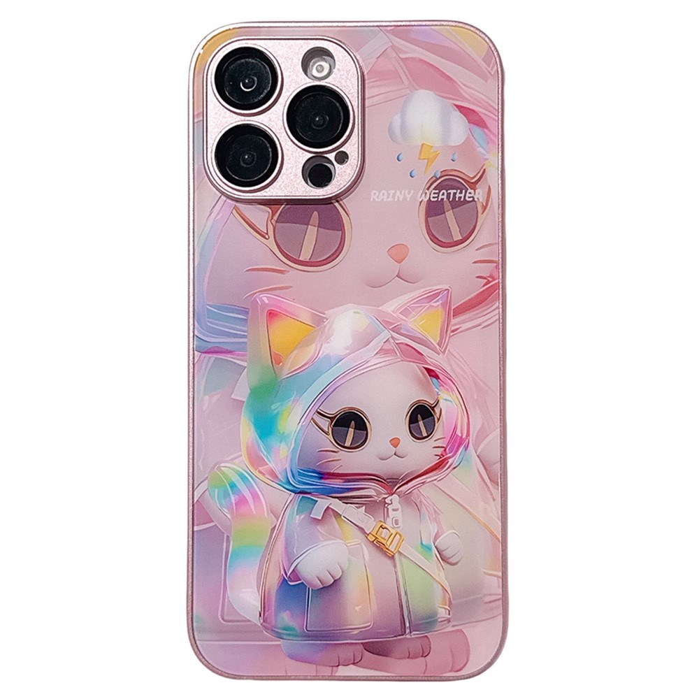 For iPhone 15 Pro Max Case Mirror Painted Kitten Design TPU + Acrylic Phone Cover - Pink