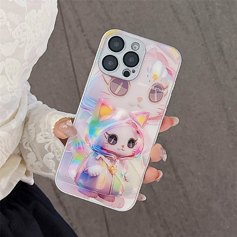 For iPhone 15 Pro Case Mirror Painted Kitten Design TPU + Acrylic Phone Cover - Silver