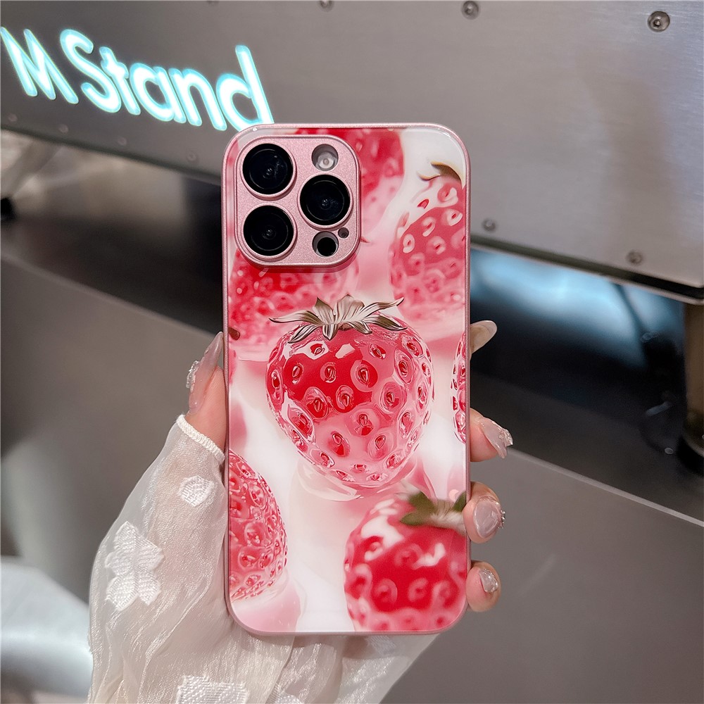 For iPhone 15 Pro Case Mirror Painted Fruit Pattern TPU + Acrylic Phone Cover - Strawberry