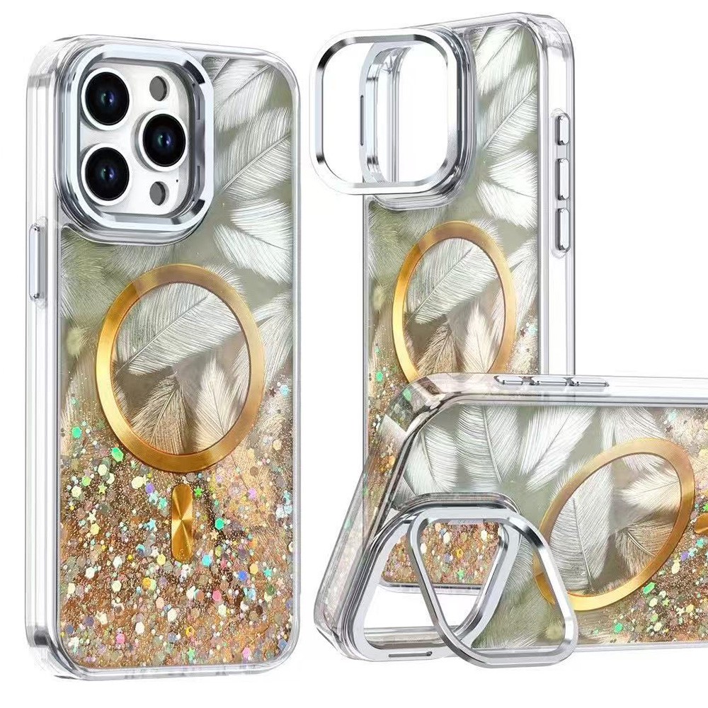 MOBEST For iPhone 15 Pro Max Magnetic Case Lens Frame Kickstand Epoxy Design TPU + PC Phone Back Cover - Gold