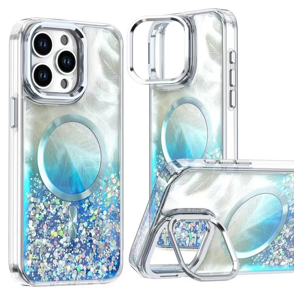 MOBEST For iPhone 15 Pro Max Magnetic Case Lens Frame Kickstand Epoxy Design TPU + PC Phone Back Cover - Blue