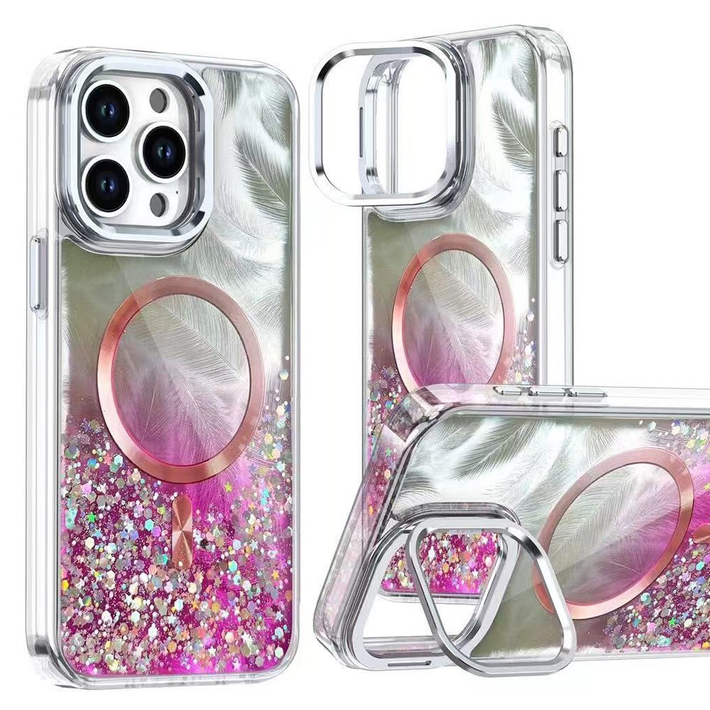 MOBEST For iPhone 15 Pro Magnetic Case Lens Frame Kickstand Epoxy Design TPU + PC Phone Back Cover - Purple