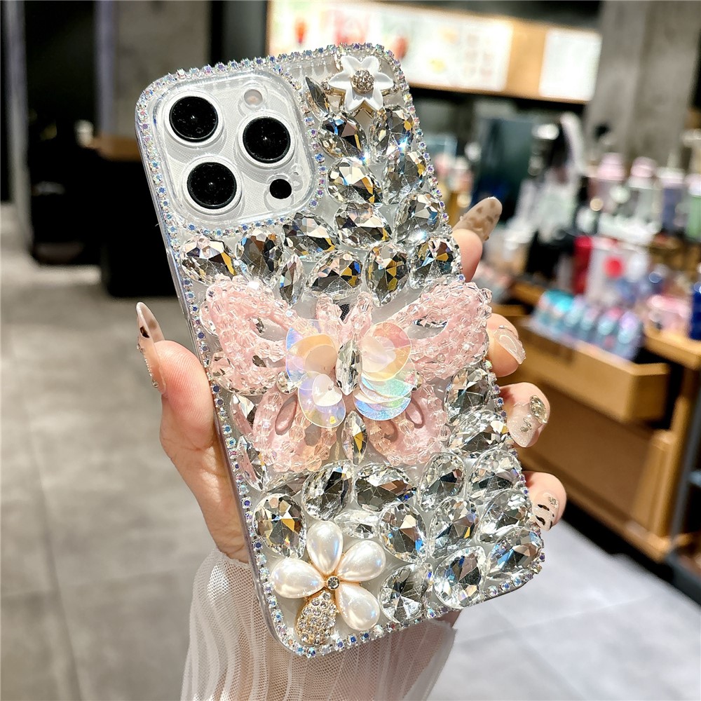 For iPhone 15 Pro Max Case Glass Rhinestone Decor Butterfly Pattern TPU Phone Back Cover - Pink